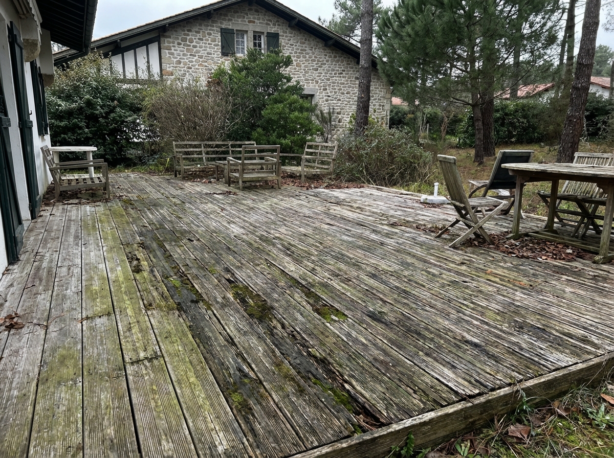 Grand deck en Accoya grisé avant brossage à Hossegor