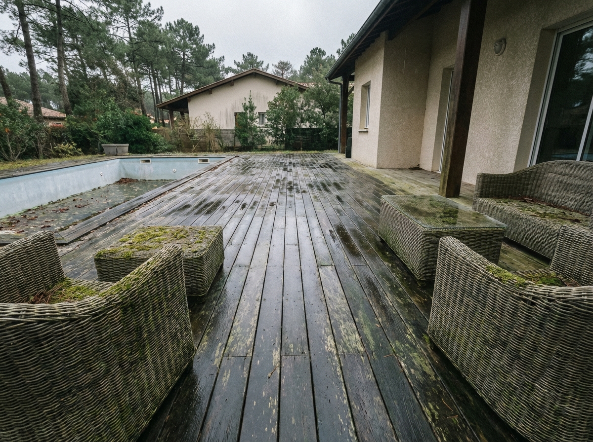 Terrasse pin maritime avec exsudation de résine près du lac